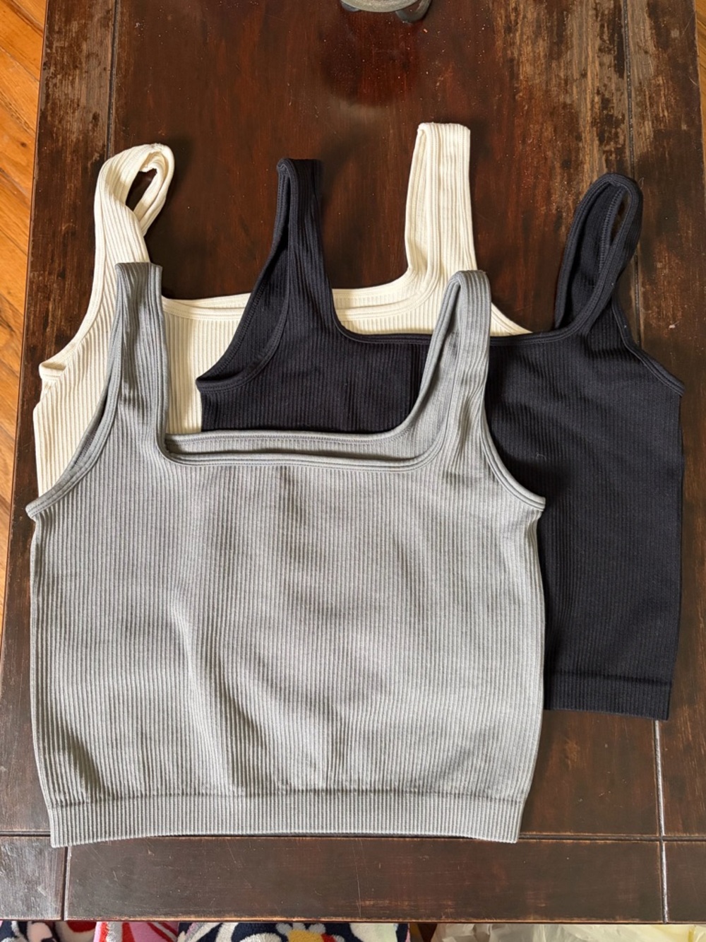 Ribbed Square-Neck Tank Top Trio — Gray, Black, Cream